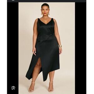 NEW 11 HONORÉ Nia Black Satin Slip Midi Slit Dress Size 24